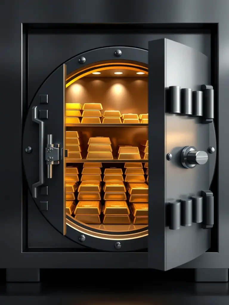 A secure vault filled with gold bars and valuable assets, symbolizing wealth preservation and growth, in a high-resolution, professional photograph.