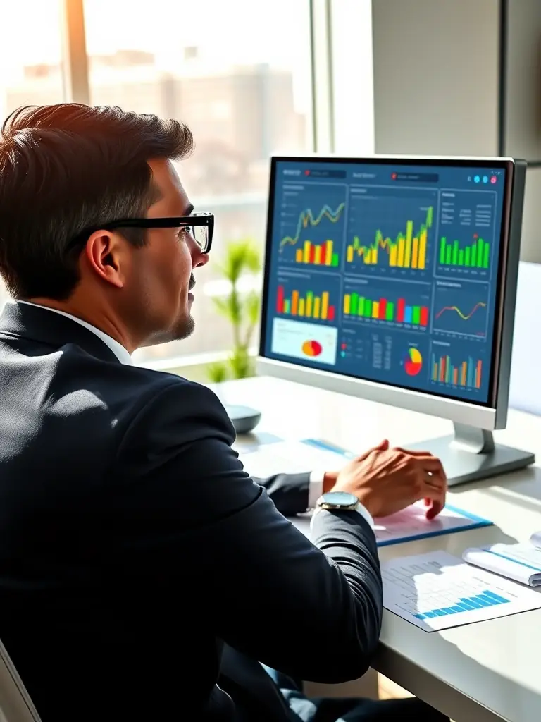 A professional South African financial consultant analyzing market data with a focused expression, surrounded by charts and graphs, in a modern office setting.