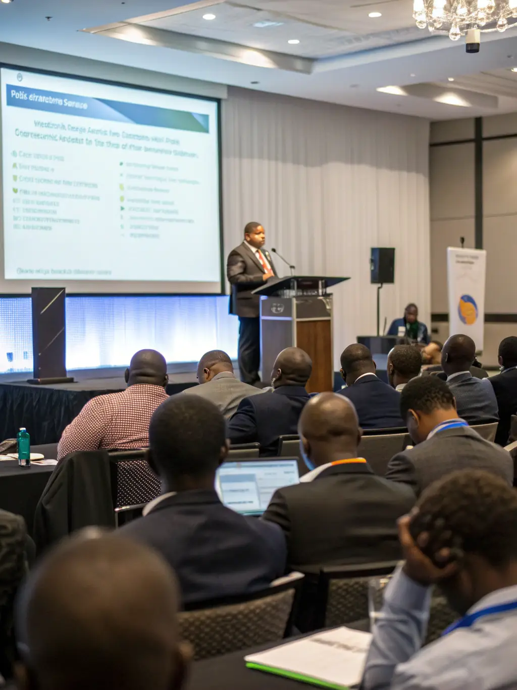 A diverse group of South African professionals are attending a financial seminar, learning about the latest investment trends and wealth management strategies.