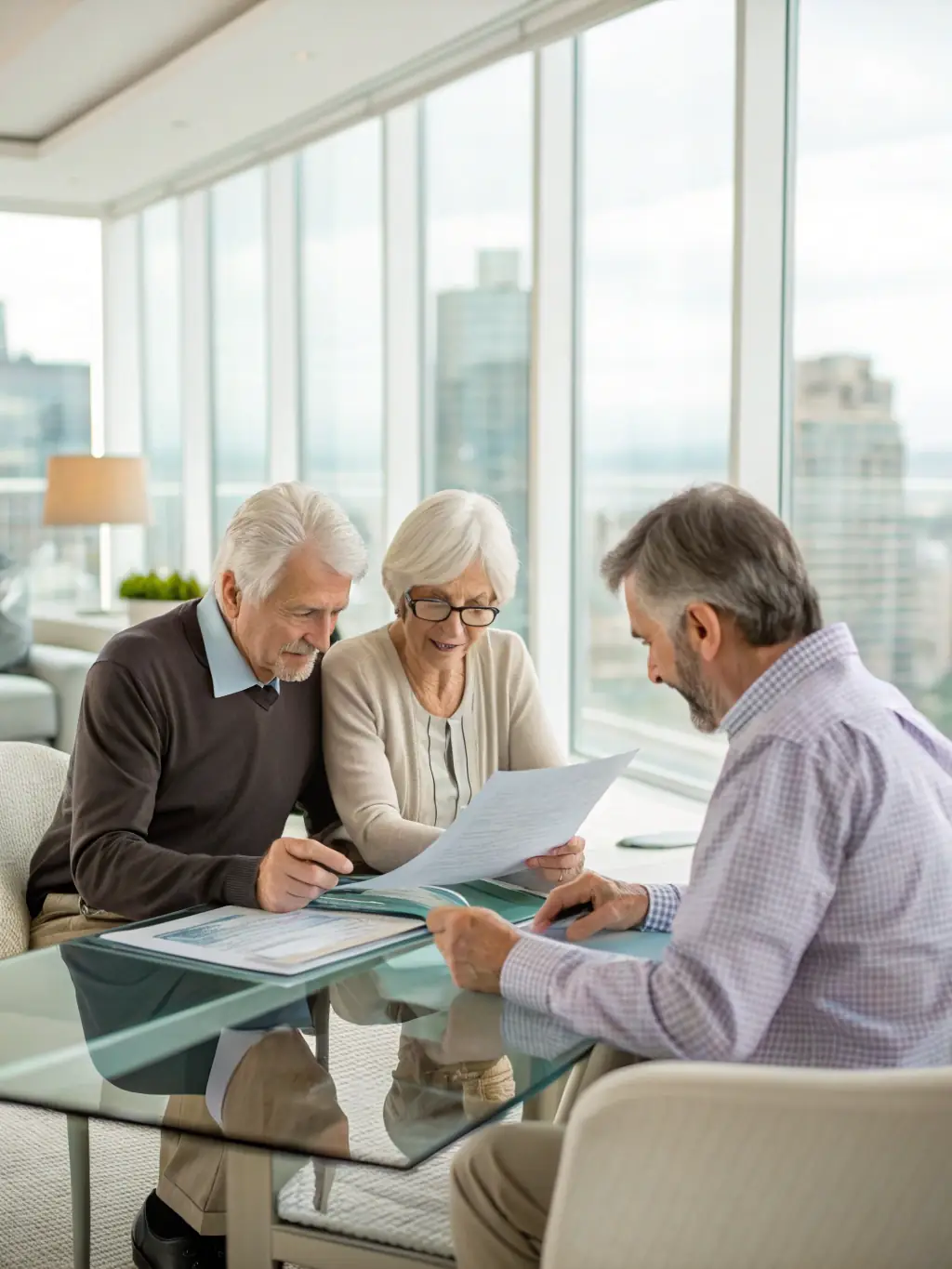 An elderly couple is reviewing their retirement plan with a financial advisor, ensuring financial independence and security in their golden years in South Africa.