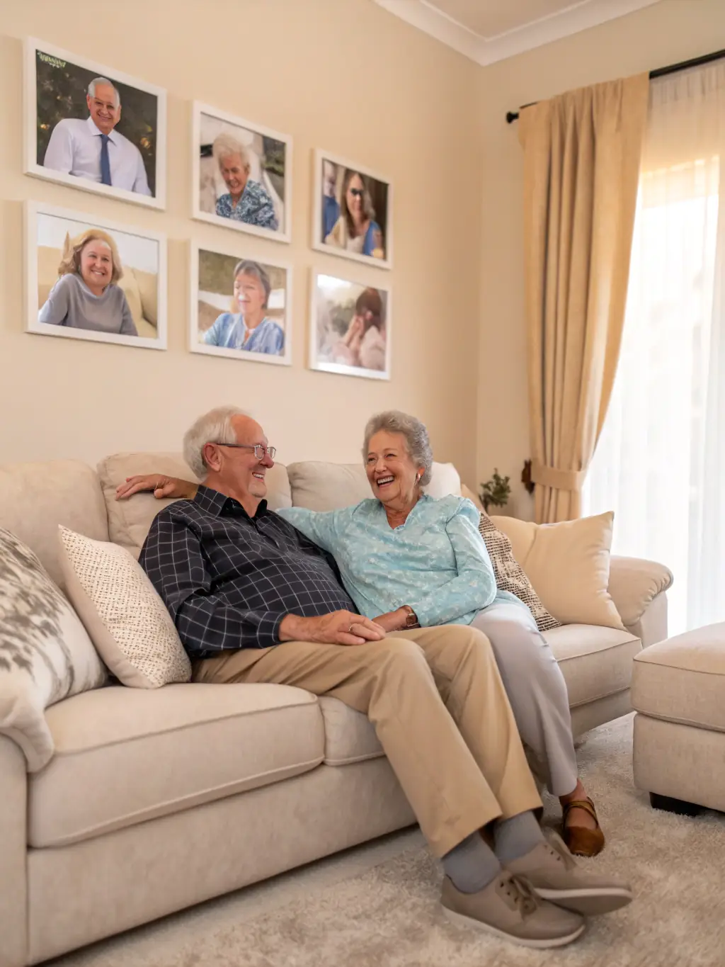A serene elderly couple enjoying their retirement, sitting on a porch overlooking a beautiful landscape, symbolizing financial independence and security.